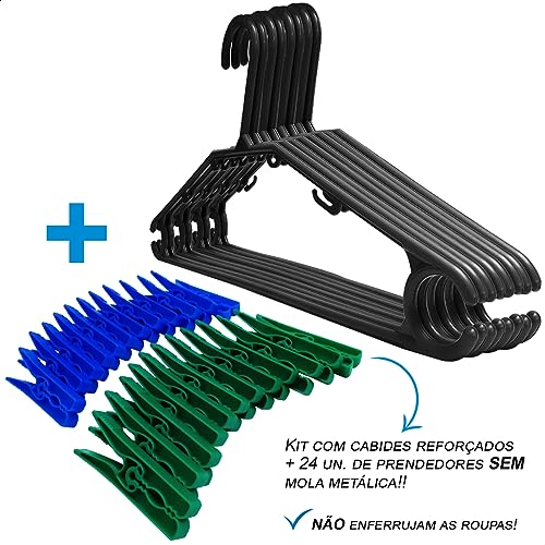 Kit 60 Cabides Reforçados Preto + 24 Super Prendedores sem Mola Metálica