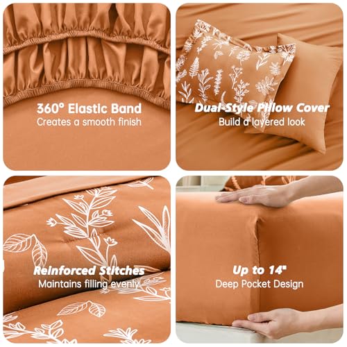 Image of MUXHOMO California King Comforter Set, Burnt Orange Elegant Floral Print Bed in a Bag 7 Pieces, Soft & Breathable Reversible Botanical Pattern Bedding Set with Comforter, Sheets, Pillowcases & Shams