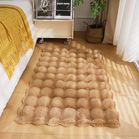 Uhomy Soft Area Rug, 2x3 Machine Washable Faux Rabbit Fur Rug, Khaki Non Slip Fluffy Rug for Bed, Dorm Bedside, Shaggy and Fuzzy Nursery Rug-3D Bubble Rug Rectangle Cover