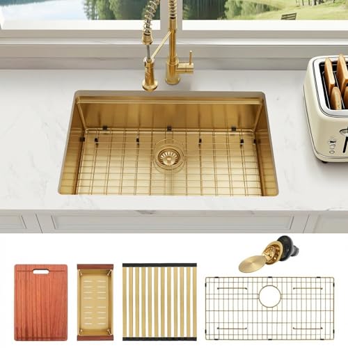Image of 27 inch Gold Sink,Undermount Single Bowl Kitchen Sinks,16 Gauge Stainless Steel Workstation Kitchen Sink (Gold, 27 X 18 inch)
