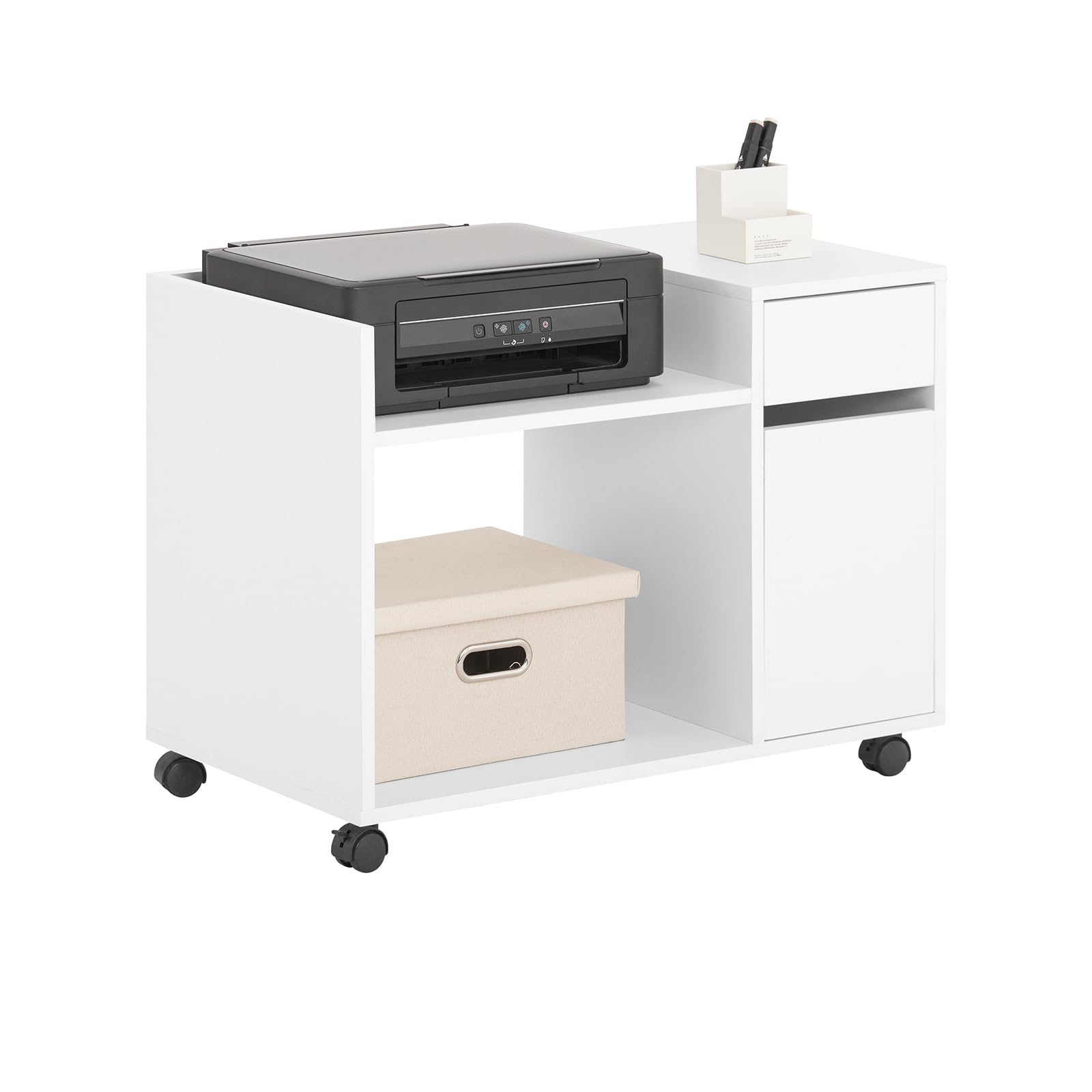 SoBuy Cassettiera con Ruote Portata fino a 38kg 72x40x54cm Ufficio | mobile stampante con cassetto, anta e vano aperto, PB E1 ASK02-W