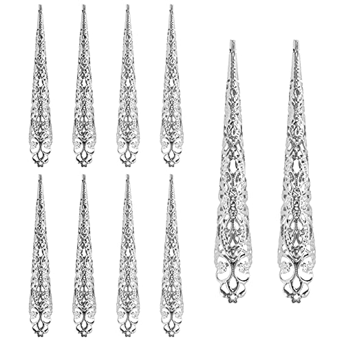 AORAEM Fingernail Claw Nail Rings Set,10Pcs Silver Long Claws Fake Nails Ring Finger Nail Tip Claws Decoration Accessory for Women Halloween Dance Party (Silver)