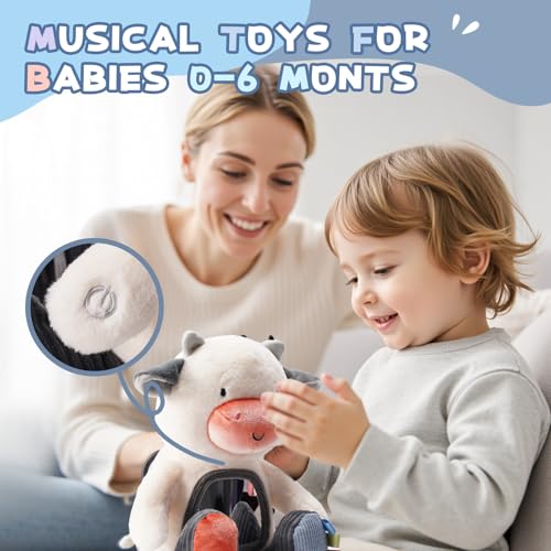 Koty Musical Tummy Time Toy,Baby Mirror Toy 3 Years Old, Infant Sensory Toy with Crinkle Sounds, Textures, Mirror & Melody Music Box for Tummy Time and Self-Discovery (White Cow) - Image 2
