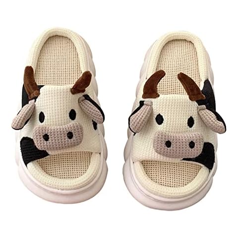Cow Slippers for Women Cute Cow House Shoes, Thick Sole Animal Sliders Linen Womens Home Slippers for Indoor/Outdoor 7-7.5 UK Cover