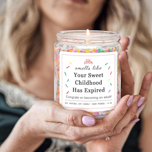 Image of Homsolver 18th Birthday Gifts for Girls, 18th Birthday Decorations Candles Gifts for 18 Year Old Girls, Your Childhood Has Expired Handmade Candles (Vanilla Birthday Cake Scent with Sprinkles)