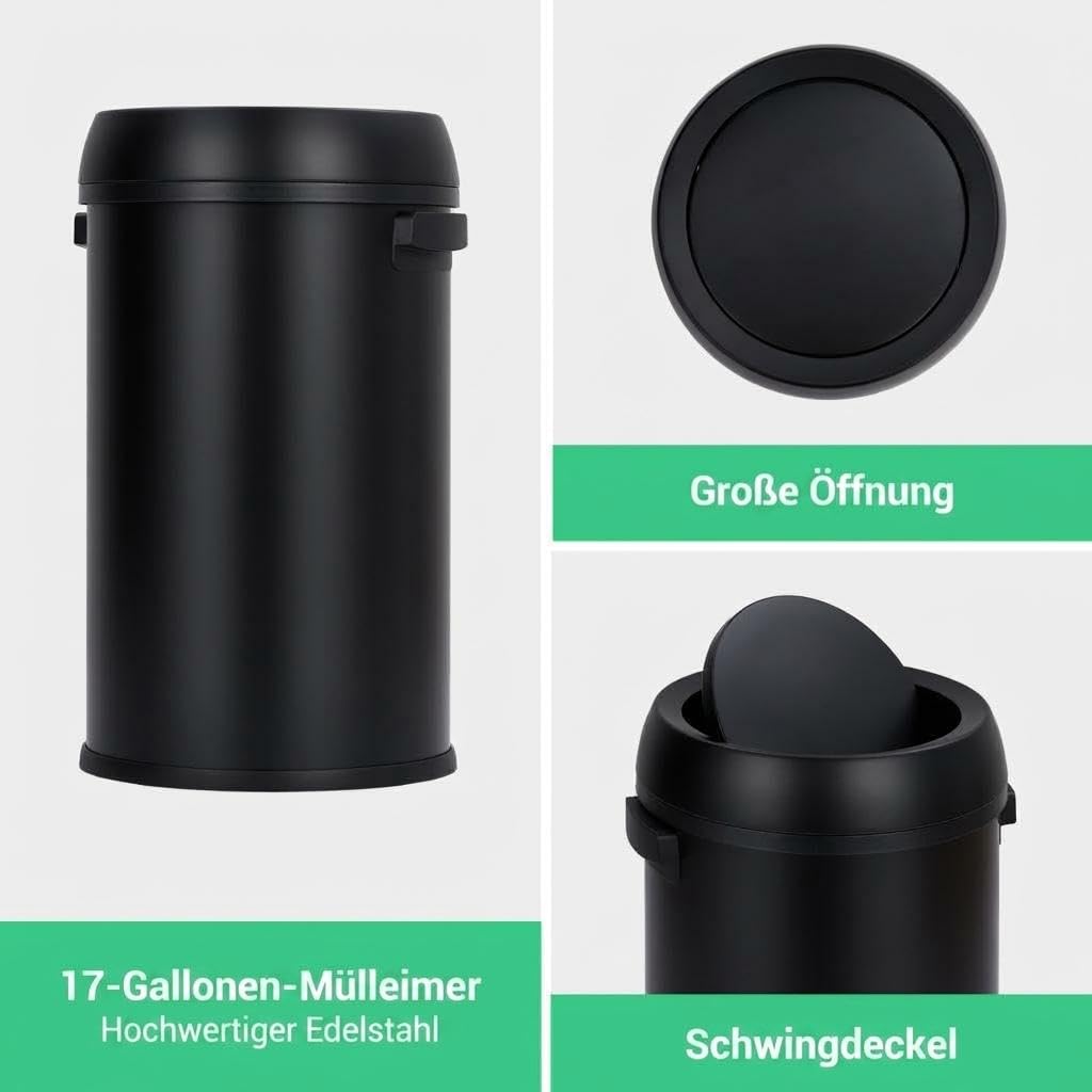 Edelstahl Mülleimer 65L Schwarz, Schwingdeckel, Rund, Gewerbe Abfallbehälter