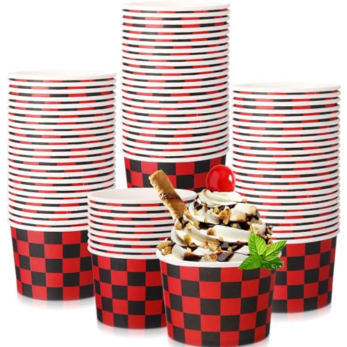 Image of Zopeal 50 Count Red and Black Checkered Ice Cream Cups 9 oz Race Car