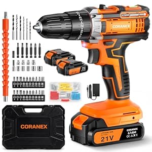 21V Cordless Drill Set with Case | Easy to Control & Lightweight | 2 Batteries | 3/8″ Keyless Chuck | For Home Repair & Furniture Assembly