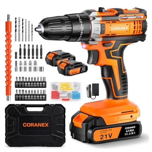 CORANEX 21V Cordless Drill Set with Case | Easy to Control & Lightweight | 2 Batteries | 3/8" Keyless Chuck | For Home Repair & Furniture Assembly