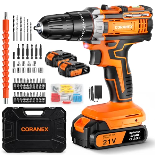 CORANEX 21V Cordless Drill Set with Case | Easy to Control & Lightweight | 2 Batteries | 3/8" Keyless Chuck | For Home Repair & Furniture Assembly by Coranex - Used condition - US$49.48