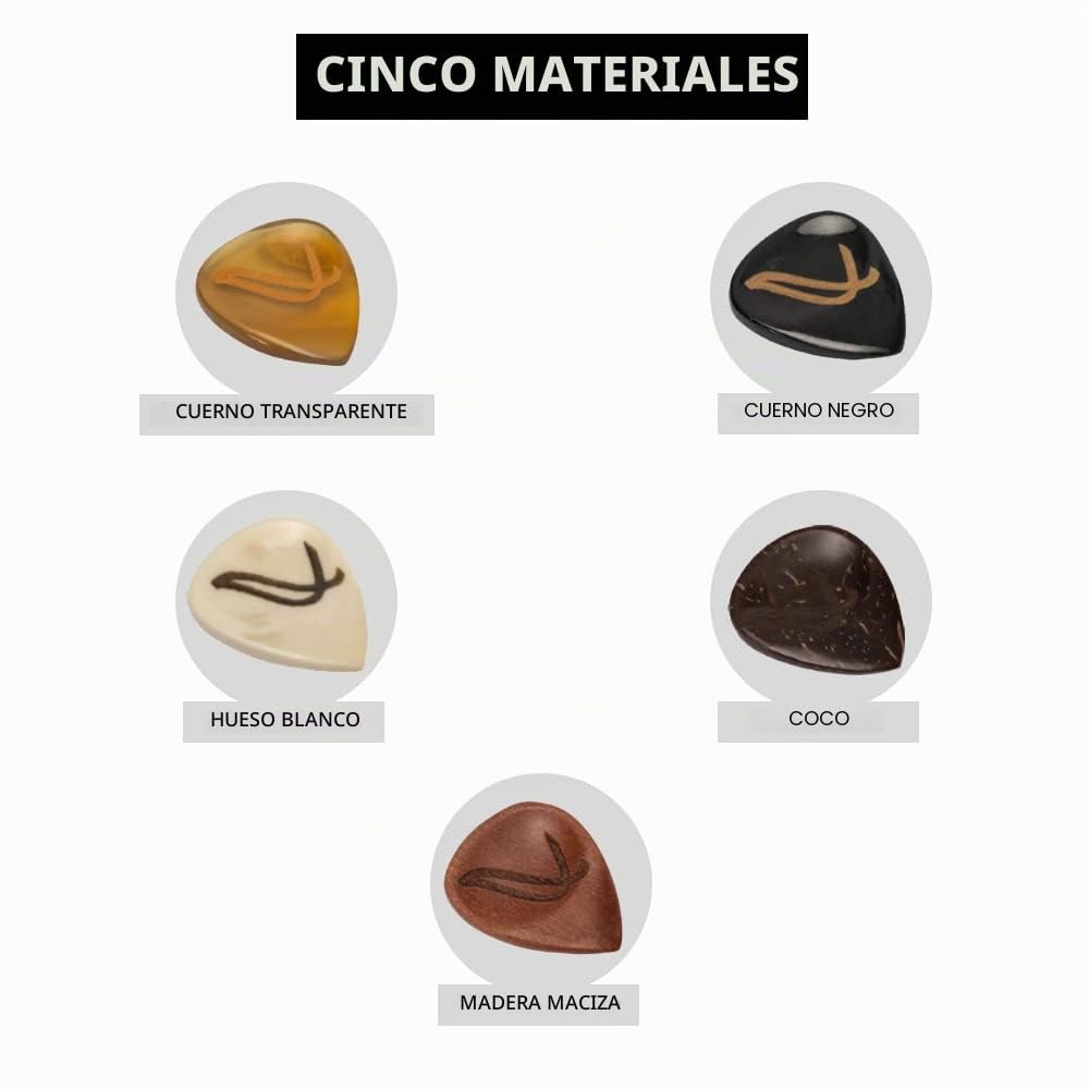 5 Sensi - púas artesanales con huella anatómica de hueso, cuerno, madera y coco
