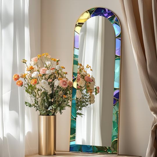 23,5’’W x 67’’H Luxe Gem-Tone Glass Effect – Abstract Floor Mirror Arched Full Lenght Mirror - Arch Full Body Stained Floor Mirror with Black Frame with Black Frame