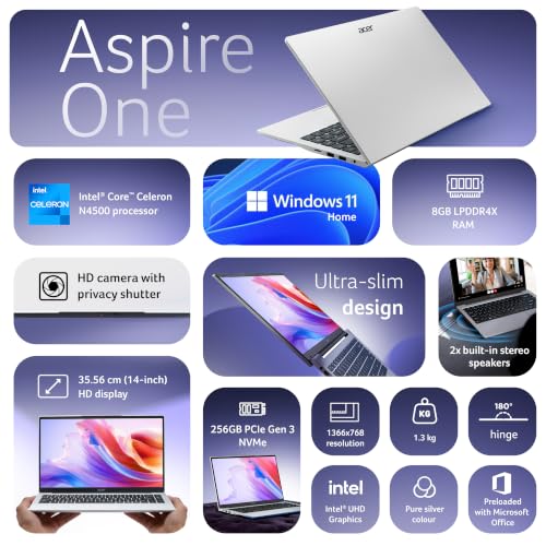 Image of Acer Aspire One, Intel Core Celeron N4500, 8GB LPDDR4 RAM / 256GB SSD, 14.0 inch /35.56cm WXGA Display, Intel UHD Graphics, Win 11 Home, Pure Silver, 1.3 Kg, A114-45, Thin and Light Laptop