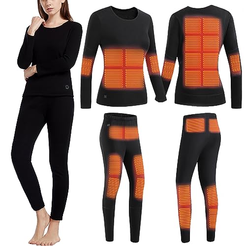 VLOBAOM Women Heated Thermal Underwear Set, Fleece Lined Heating Underwear Base Layer 28 Zones Heating,XL,Black