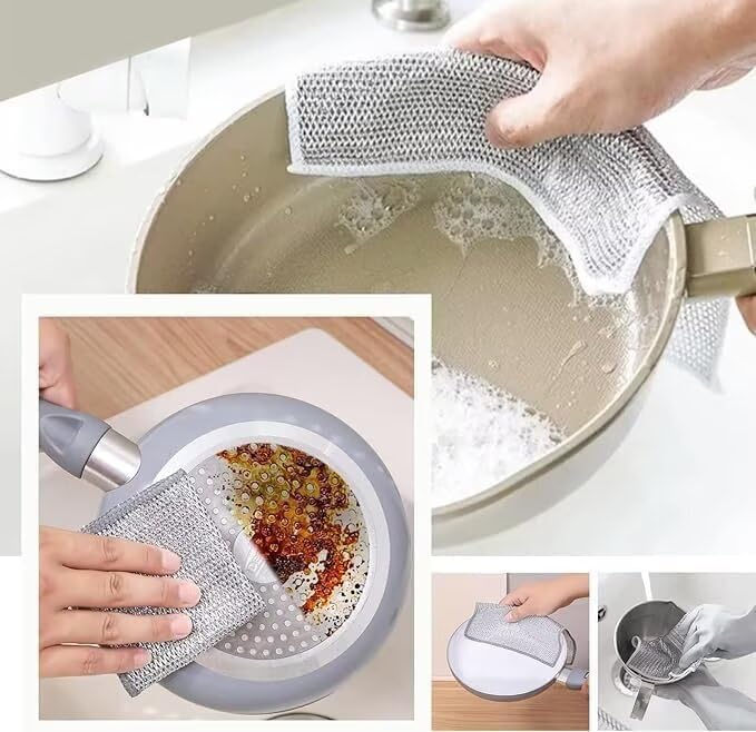 Paños multiusos antiarañazos – Paños de cocina de malla plateada para limpieza y fregado de cocina