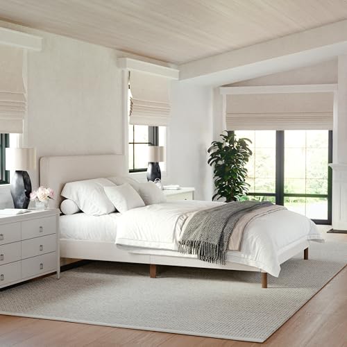 Martha Stewart Britta Platform Bed with Headboard & Footboard, Faux Linen Upholstery with Piping Detail, Rounded Headboard, No Box Spring Needed, Queen, Beige