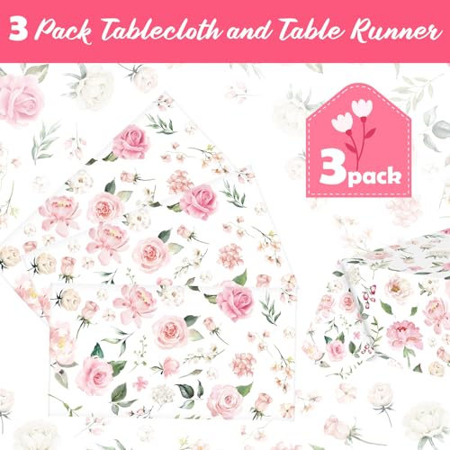 Image of Ganeen 3 Pcs Pink Floral Tablecloth Disposable Plastic Table Covers Wildflower Waterproof Tablecloth for Baby Shower Birthday Wedding Mothers Day Tea Party Supplies and Decor, 54 x 108 Inch
