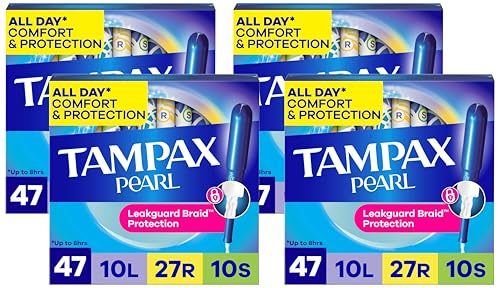 Image of Tampax Pearl Tampons for Women Multipack, with LeakGuard Braid, Light /Regular /Super Absorbency, Unscented, 47 Count (Pack of 4)