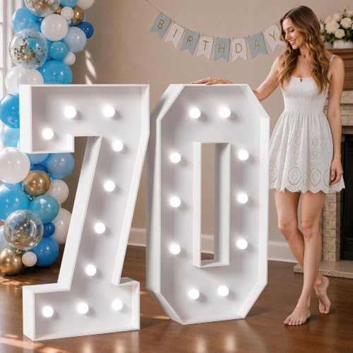 Image of Marquee Numbers 4 Feet Tall Big Light Up Numbers 70th Birthday Decorations Women Men White Anniversary Party Decor Large Cardboard Prop Backdrop Sign 70