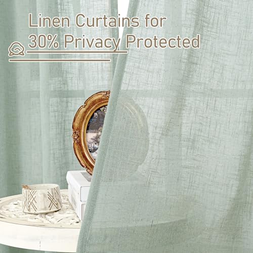 LAMIT 102 Inch Length Light Filtering Sheer Linen Curtains, Linen Textured Semi Sheer Back Tab and Rod Pocket Natural Boho Drapes for Living Room/Farmhouse, 2 Panels, Light Sage, 52 x 102 Inch