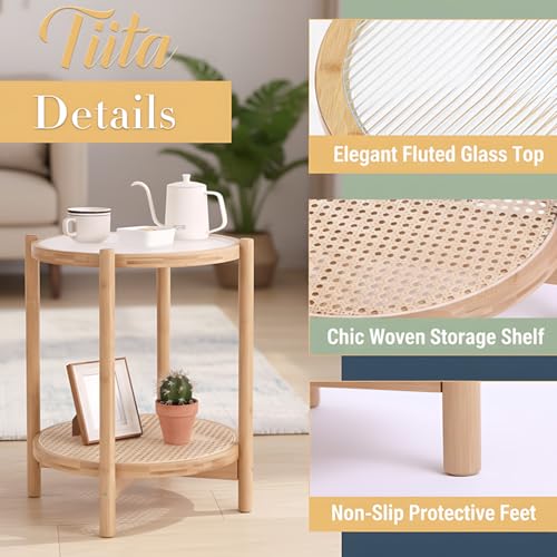 Image of Tiita Natural Rattan End Table with Storage, Bamboo Glass Top Side Table