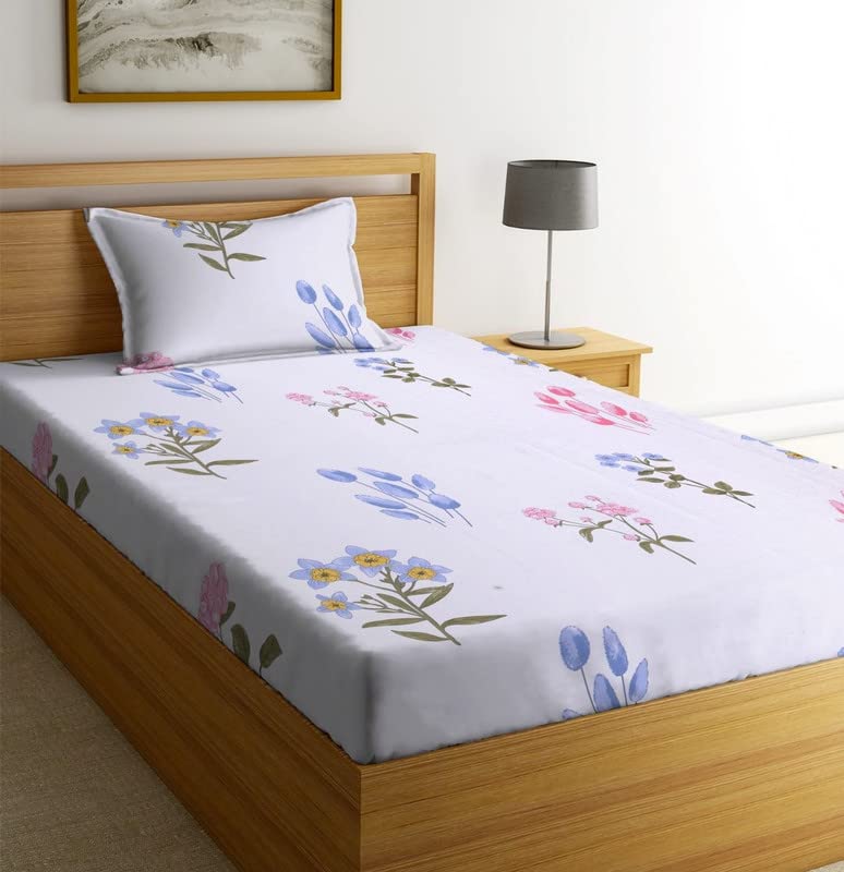 Premium Glace Cotton 180 TC Flat Single Bedsheets for Summer Breathable | Wrinklefree (Size-60 X 90 Inch) with 1 Pillow Covers (Size-17 X 27 Inches, Flower Printed White)