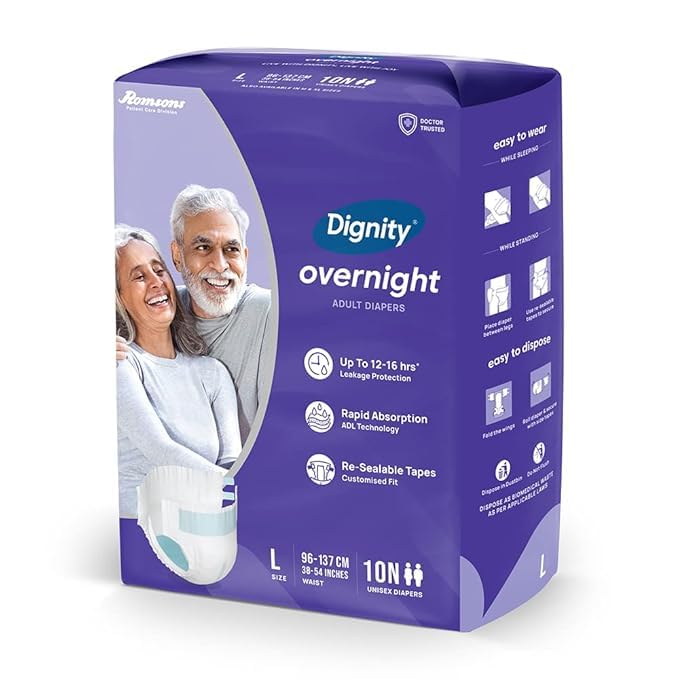 Image of DIGNITY Overnight Tape Style Adult Diapers - L (10 Pieces) With Wetness Indicator and Leakage Protection Upto 12-16 Hrs.
