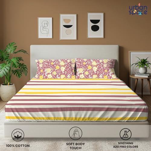 Image of Urban Space 144 TC Divine 100% Cotton Bedsheet for Double Bed with 2 Pillow Covers, Queen Bedsheet (Size 90 x 100 inches, Streak Muddy Pink, Double)