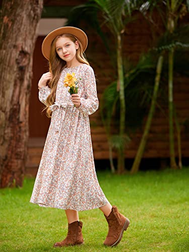 Girls Casual Elastic Crew Neck Floral Printed Solid Color A-line Swing High Waist Midi Belted Dress with Pocket2