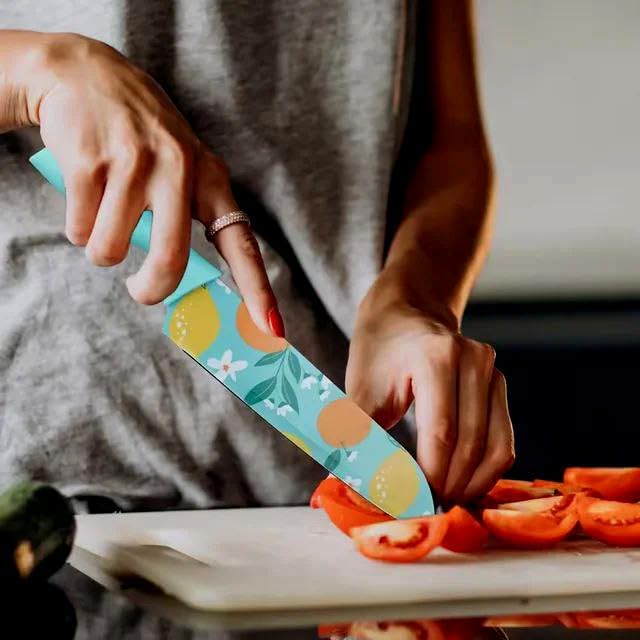 Image of ECOBSY 3 Piece Floral Kitchen Knife Set Stainless Steel - Chef Knife, Utility Knife & Paring Knife with Non-Slip Ergonomic Handle, Ultra Sharp Anti-Rust Blades for Home Kitchen & Restaurant Use