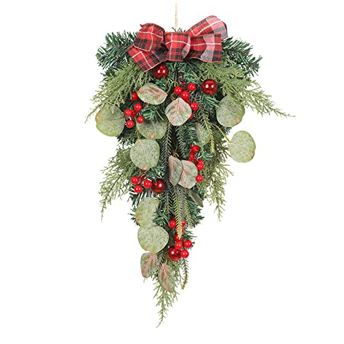 Wnvivi Christmas Teardrop Swag,Hanging Christmas Wreath with Poinsettia Bowknot Berries,Christmas Floral Swag for Front Door Wall Decor(A1)