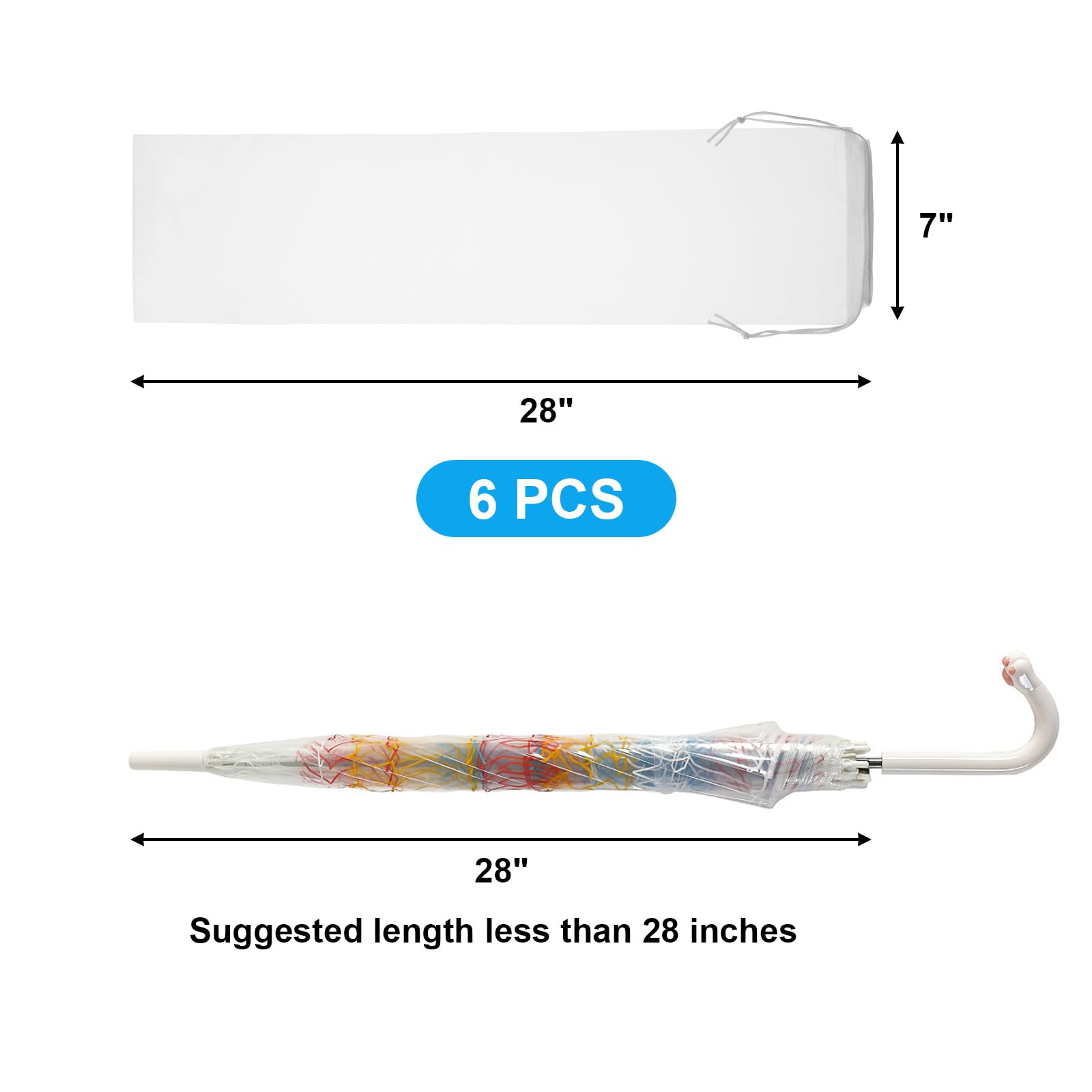 6 bolsas para paraguas, fundas para paraguas húmedos, translúcidas, impermeables, para viajes, bolsas de paraguas reutilizables con cordón (28 x 7 pulgadas para paraguas de palo) 2