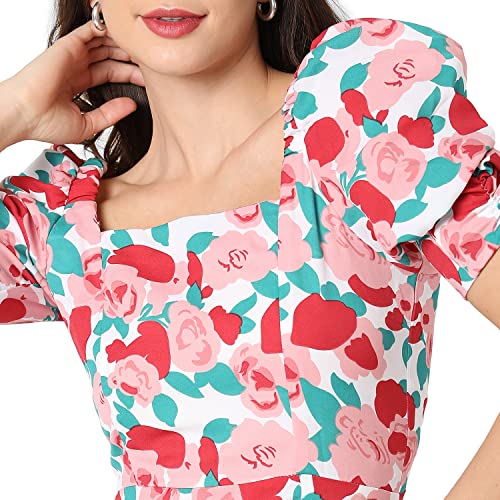 Image of PINACOLADA Women White & Pink Floral Printed Knee Length Casual Dress