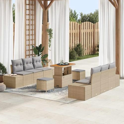 Genérico Conjunto de sofá de jardín con cojín 9 pcs Beige Poliratán,Mobiliario,Muebles de jardín,Conjuntos de jardín,3362742