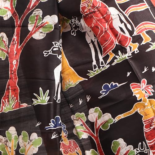 Image of 3stones Women's Pure Silk Saree | Handwoven, Hand Batik Pure Saree with Unstiched Blouse Material Piece | Suitable for All Indian Weddings & Festivals| Traditional Pattern | Red and Black