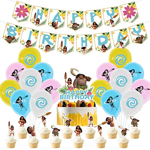 YUESEN Moana Decoración Globos de Fiesta Látex Balloons Happy Birthday Banner Cake Topper...