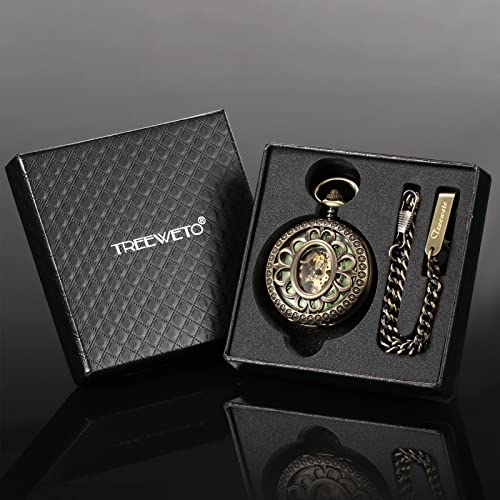 Reloj de bolsillo esquelético TREEWETO mecánico y luminoso con cadena de color bronce para hombre 6