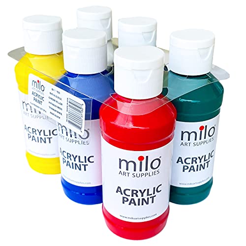 Image of milo Acrylic Paint Set, 6 Primary Colors, 4 oz Bottles, Semi-Gloss | Safe, Non-Toxic, Made in the USA, Arts & Crafts Paints for Artists, Student & Hobby Painters, Paint Pack, Classroom, Bulk