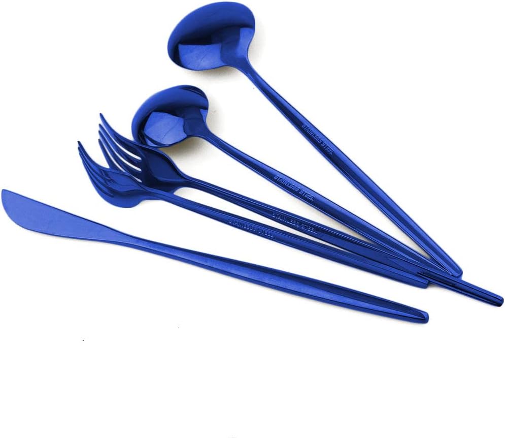20-Piece Classical Stainless Steel Flatware Set, Mirro Polishing Blue Portable Knife Fork Spoon Silverware, Service for 4