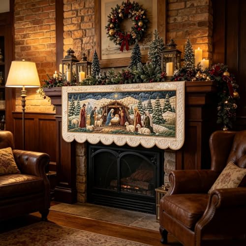 Nativity Scene Print Quilted Christmas Mantel Scarf, Fireplace Mantel Decor - image 5