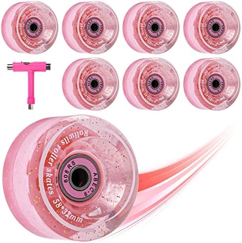 8 Pack 32 x 58mm 82A Roller Skate Wheels with Bearing for Indoor or Outdoor, Rolitwils Quad Roller Skate Wheels with Multi-Function Portable Skateboard Accessories T Tool for Double Row Skating