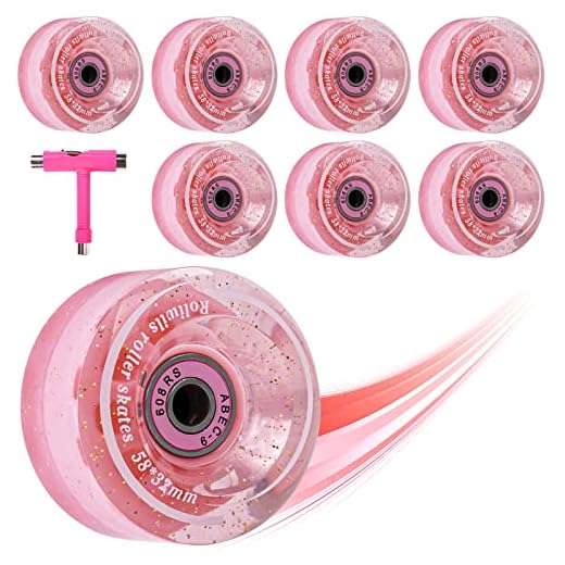 8 Pack 32 x 58mm 82A Roller Skate Wheels with Bearing for Indoor or Outdoor, Rolitwils Quad Roller Skate Wheels with Multi-Function Portable Skateboard Accessories T Tool for Double Row Skating