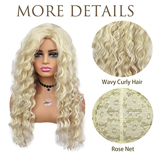Image of GNIMEGIL 26 Inch Long Blonde Curly Wigs for Women Golden Wig Wavy Synthetic Wig Heat Resistant Looking Natural Hair Halloween Costume for Girls Cosplay