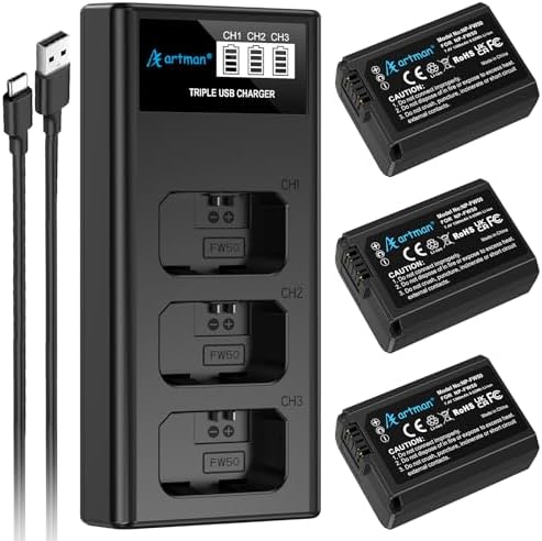 A Artman Pack de 3 Baterías NP-FW50 y Cargador LCD de 3 Ranuras Mejorado Compatible con Sony ZV-E10, Alpha A6000 A6300 A6400 A6500 A5000 A5100 A7 A7II A7R A7RII A7S A7SII RX10 II III Cámara