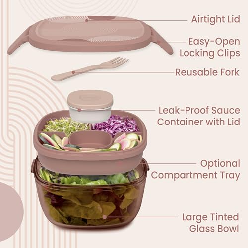 Image of Bentgo Glass Salad Container, 7.6-Cup, 4-Compartment Tray, Reusable Fork