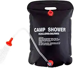 Chuveiro de Camping Portátil, 20 Litros, PVC Preto, com Mangueira de 68cm e Válvula On/Off