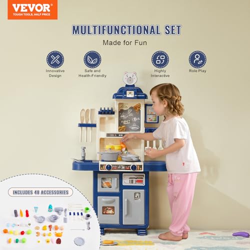 Image of VEVOR Kids Kitchen Playset 48PCS, Pretend Play Kitchen with Cooking Stove with Steam, Sounds and Lights, Play Sink and Play Food, Toy Kitchen Set for Toddlers (Blue) Size 18.5 inch x 9.4 inch x 30.7 inch