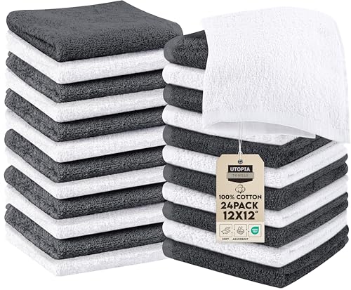 Utopia Towels -Set de Gants de Toilette (Lot de 60 - Gris, Blanc) -100% Coton filé à l'anneau, Serviettes de Toilette 30 x 30 CM, Debarbouillette très...