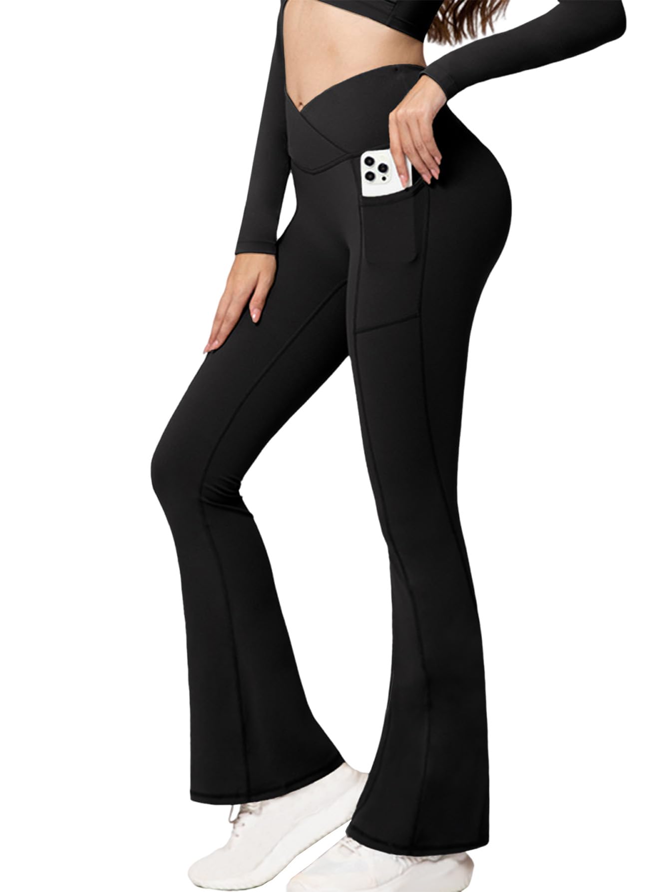 – Flared Leggings Women - Yoga Pants with Pockets Crossover High Waisted Tummy Control, Workout Flared Trousers Women