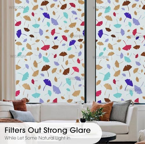 Image of WISDOM Premium Frosted Glass Window Film Self Adhesive Decorative Glass Window Privacy Sheet Film UV Control Removable Vinyl Privacy Film (Color Leaves, 24x200 Inch)